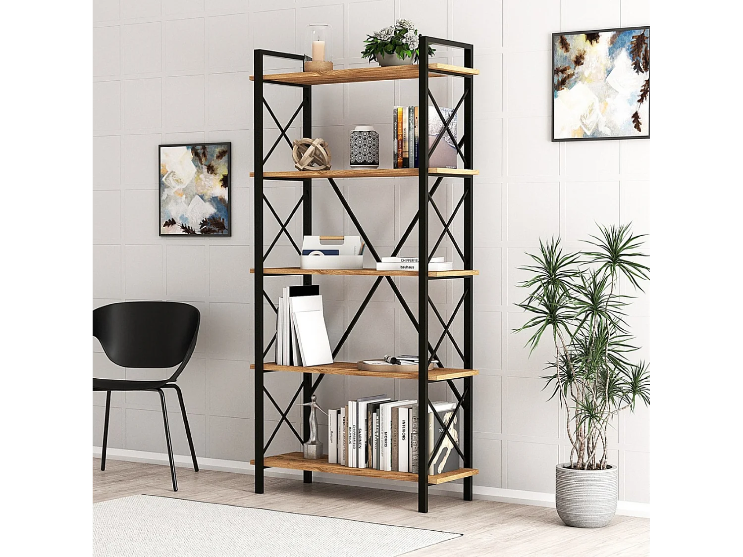 Bibliothèque design en métal - 5 étagères - bois et noir FANI