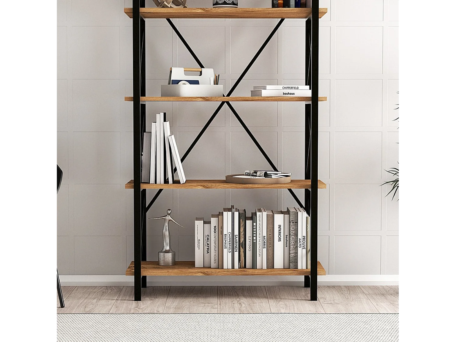 Bibliothèque design en métal - 5 étagères - bois et noir FANI