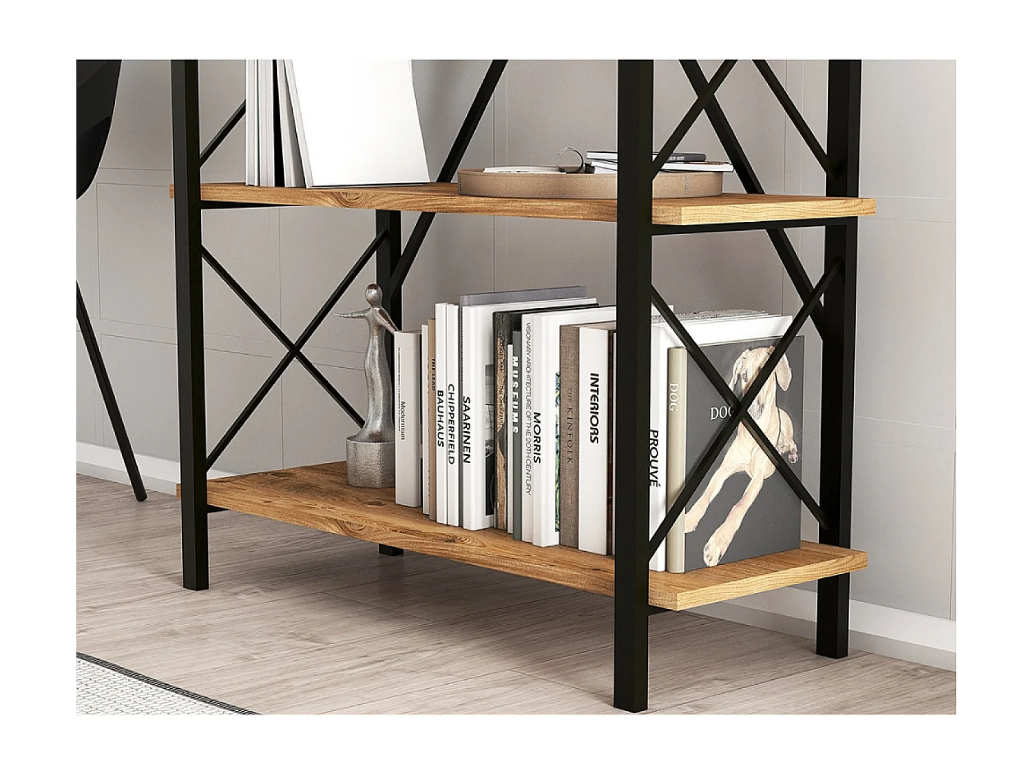 Bibliothèque design en métal - 5 étagères - bois et noir FANI