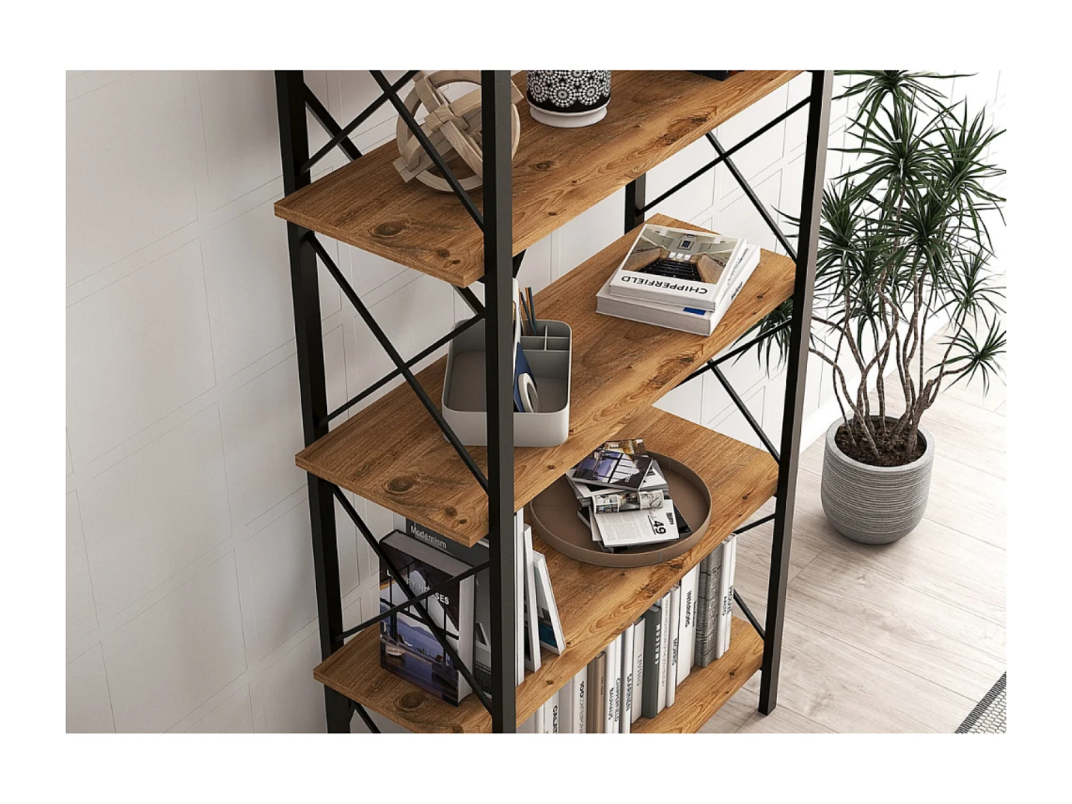 Bibliothèque design en métal - 5 étagères - bois et noir FANI