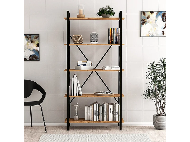 Biblioteca Diseño en Metal FANI - 5 Estantes Madera y Negro