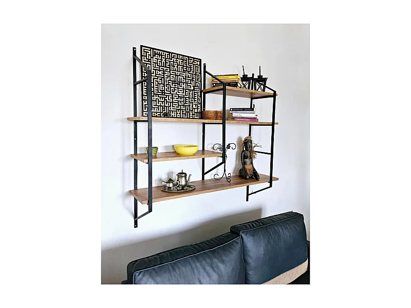 Etagère murale design en métal - 4 rangements - bois et noir YOMI