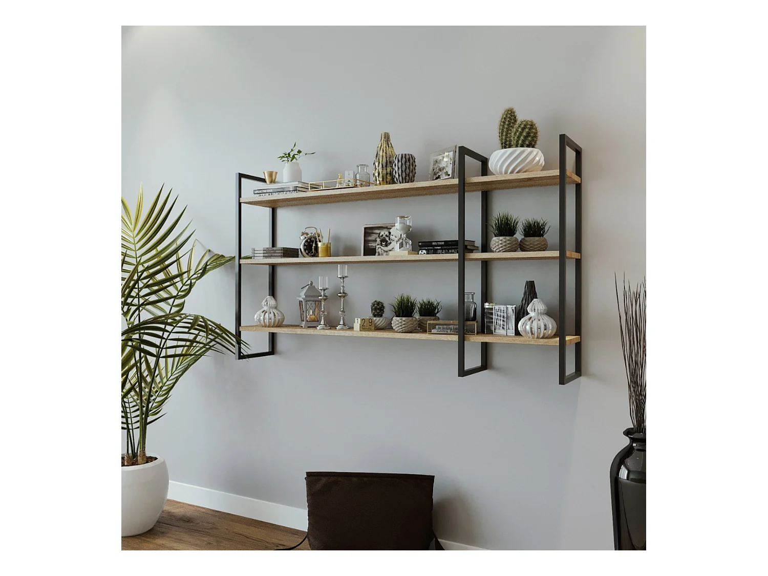 Estantería de pared diseño en metal - 3 estantes - madera y negro VITRO