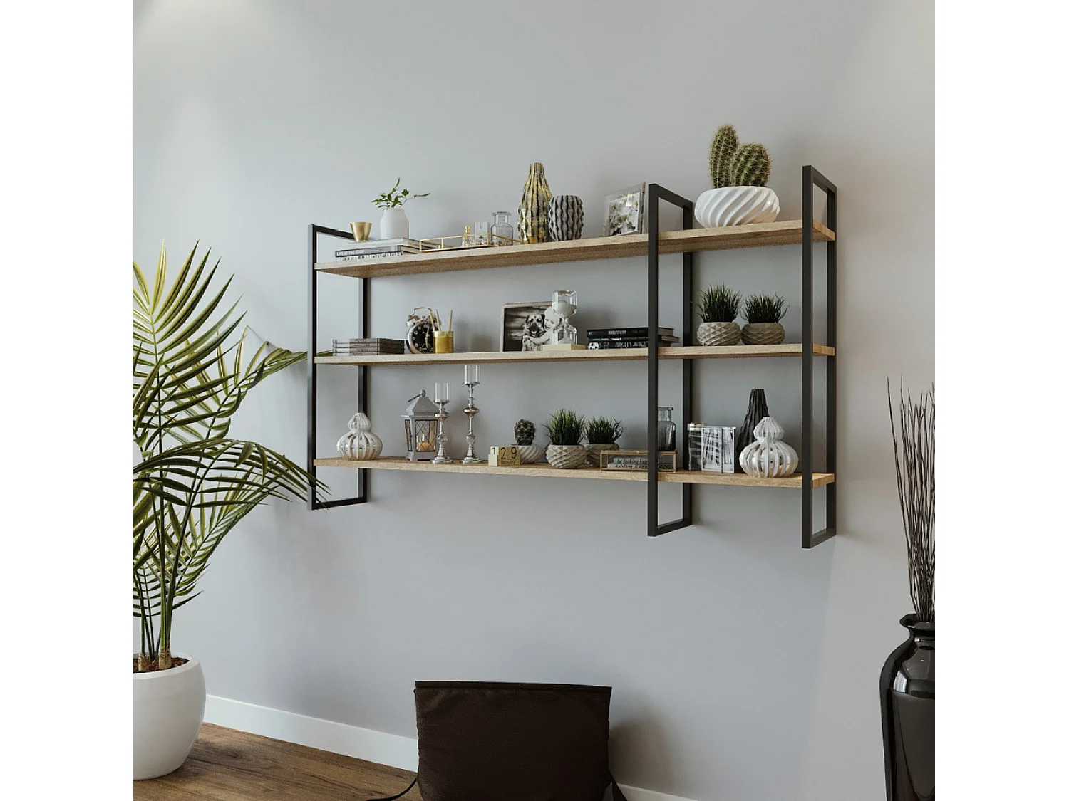 Étagère murale design en métal - 3 rangements - bois et noir VITRO