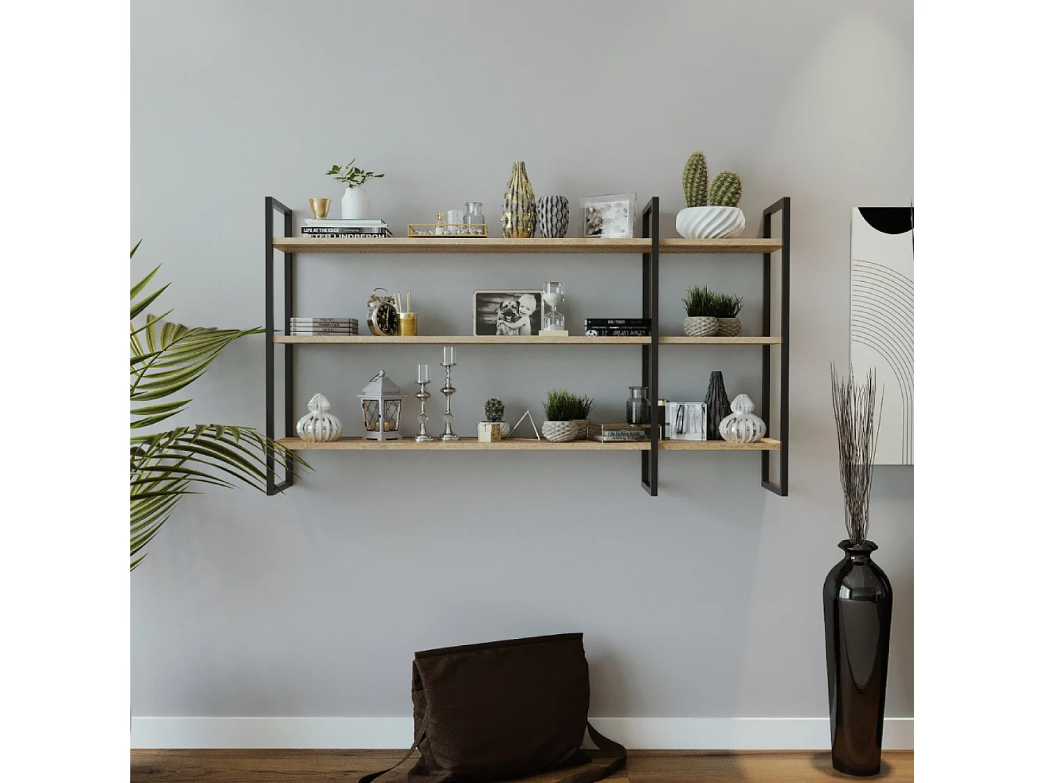 Étagère murale design en métal - 3 rangements - bois et noir VITRO