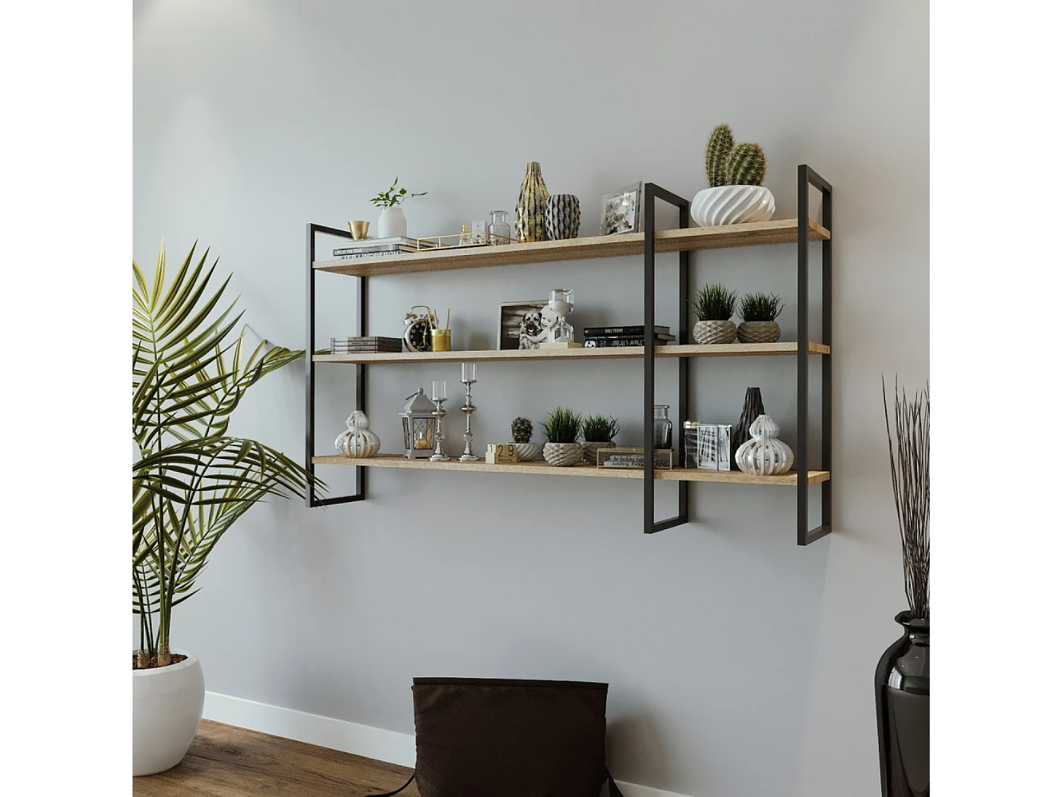 Étagère murale design en métal - 3 rangements - bois et noir VITRO