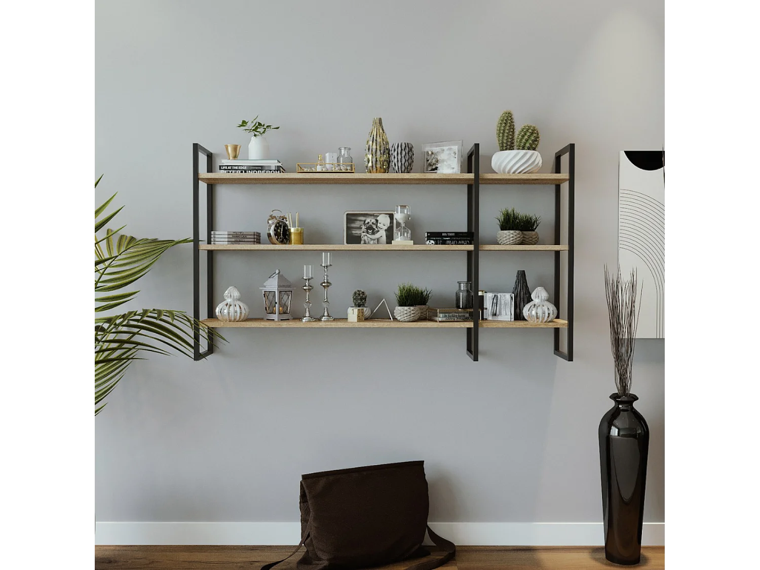 Étagère murale design en métal - 3 rangements - bois et noir VITRO