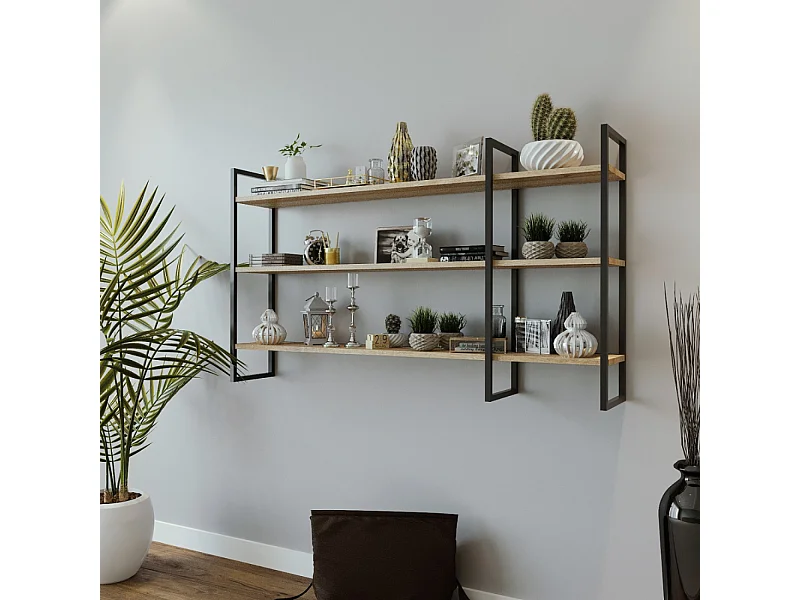Étagère murale design en métal - 3 rangements - bois et noir VITRO