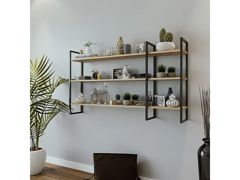 Étagère murale design en métal - 3 rangements - bois et noir VITRO