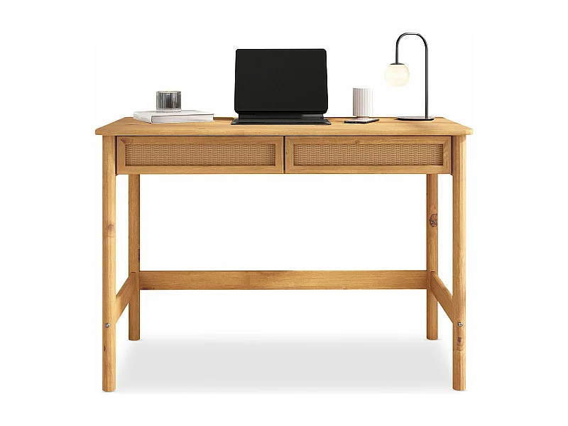 Bureau RODRIGO droit H 76 cm en bois massif coloris chêne avec rangement 2 tiroirs, idéal pour le télétravail
