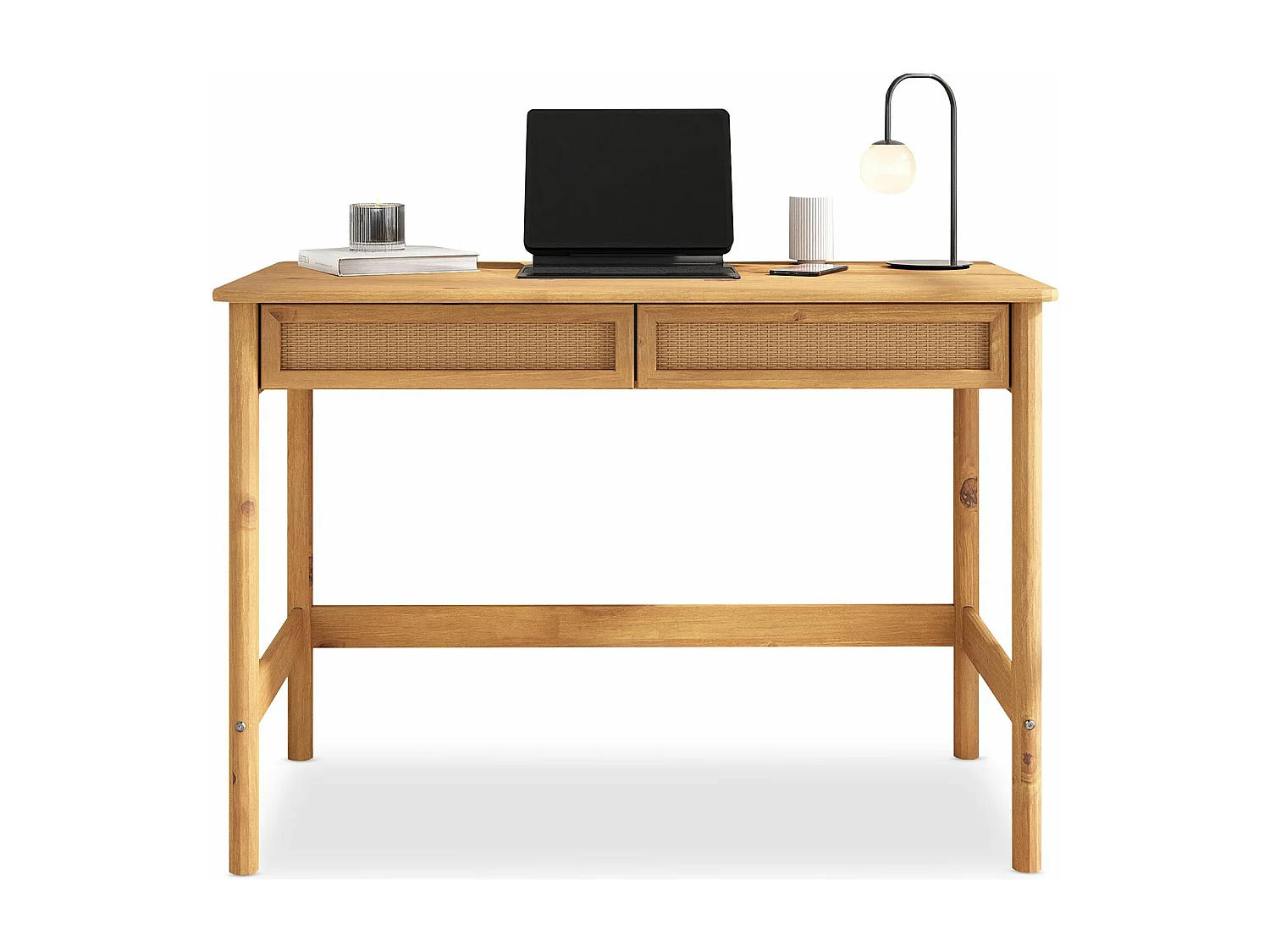 Bureau RODRIGO droit H 76 cm en bois massif coloris chêne avec rangement 2 tiroirs, idéal pour le télétravail
