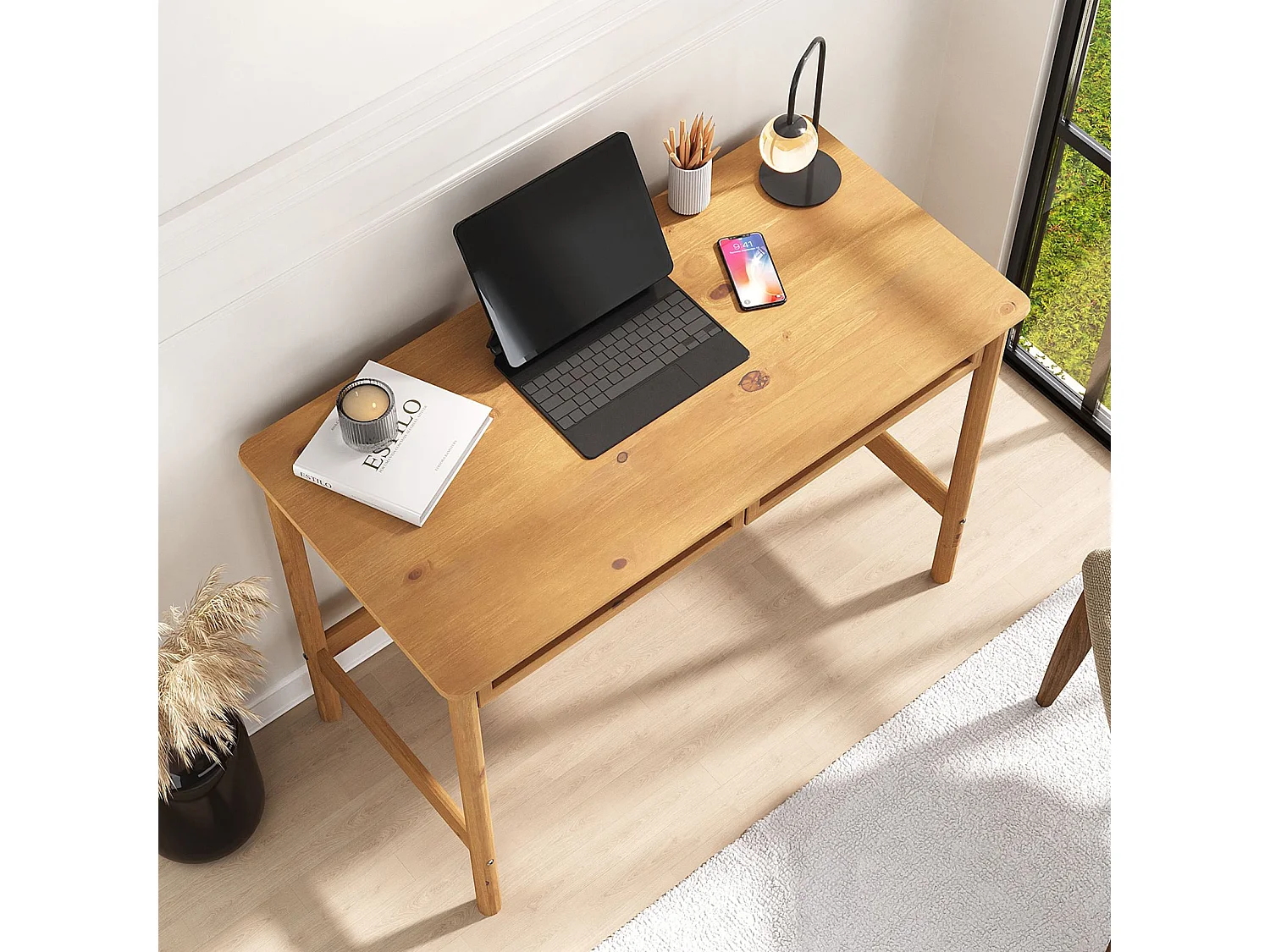 Bureau RODRIGO droit H 76 cm en bois massif coloris chêne avec rangement 2 tiroirs, idéal pour le télétravail