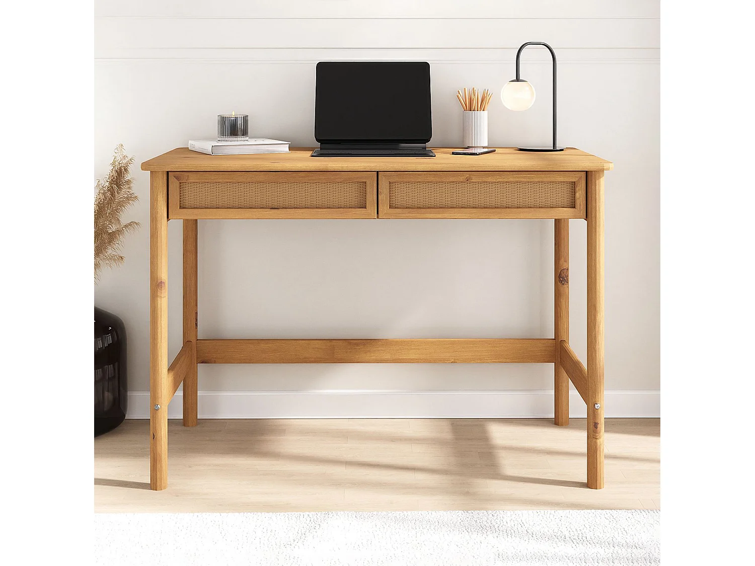 Bureau RODRIGO droit H 76 cm en bois massif coloris chêne avec rangement 2 tiroirs, idéal pour le télétravail
