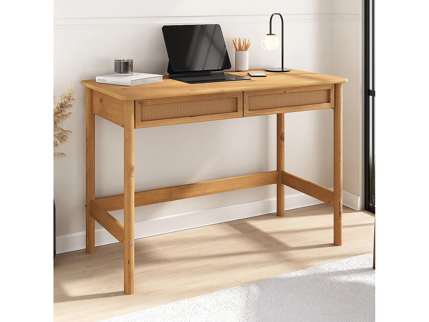 Bureau RODRIGO droit H 76 cm en bois massif coloris chêne avec rangement 2 tiroirs, idéal pour le télétravail