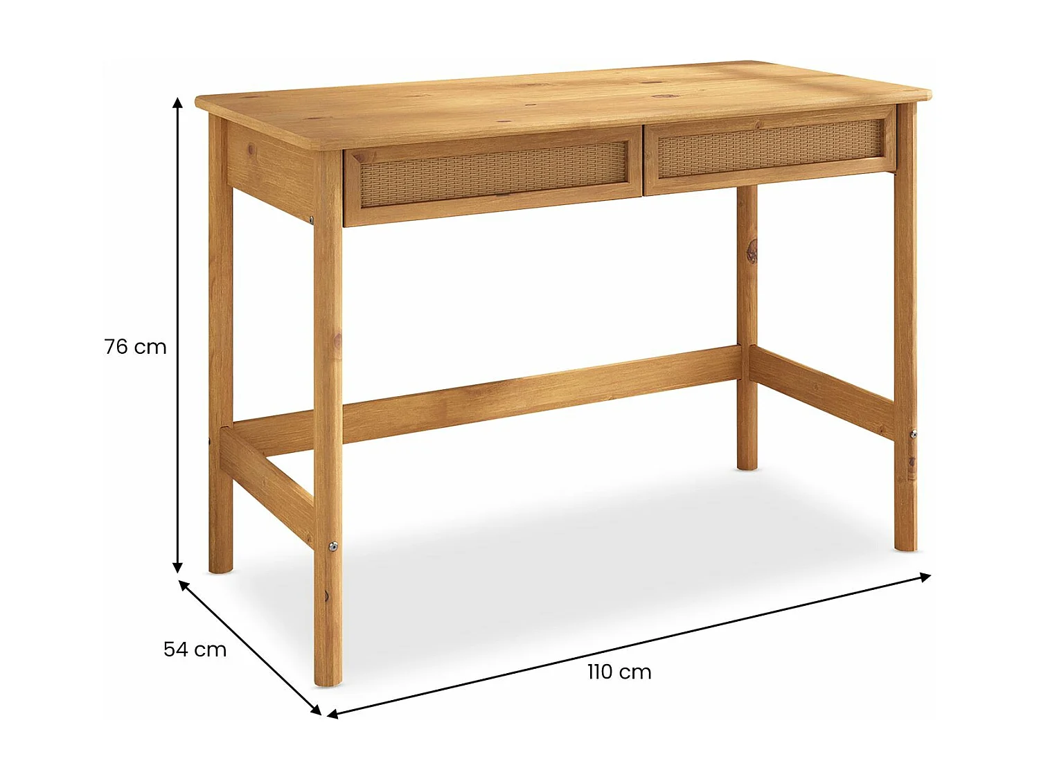 Bureau RODRIGO droit H 76 cm en bois massif coloris chêne avec rangement 2 tiroirs, idéal pour le télétravail
