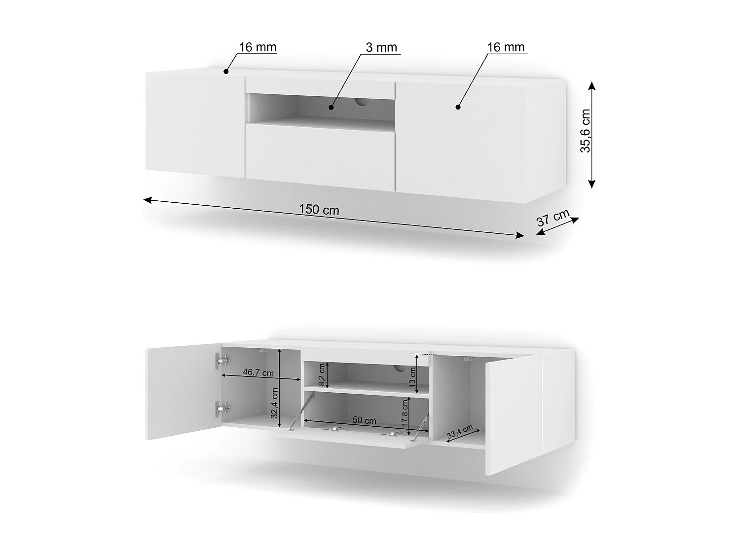 Meuble TV AURA 150 cm blanc mat universel + LED