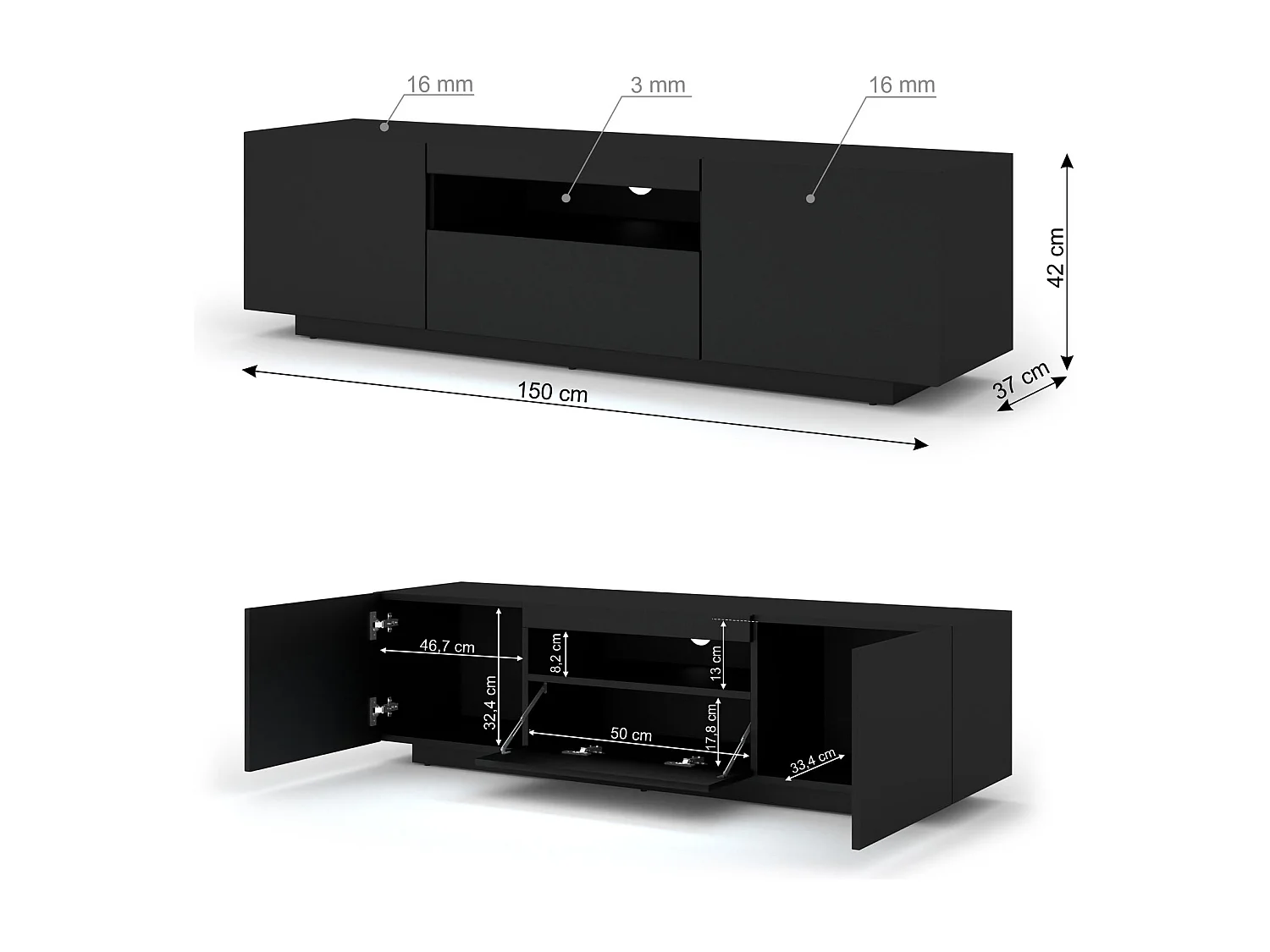 Mobile TV AURA 150 cm nero opaco universale + LED