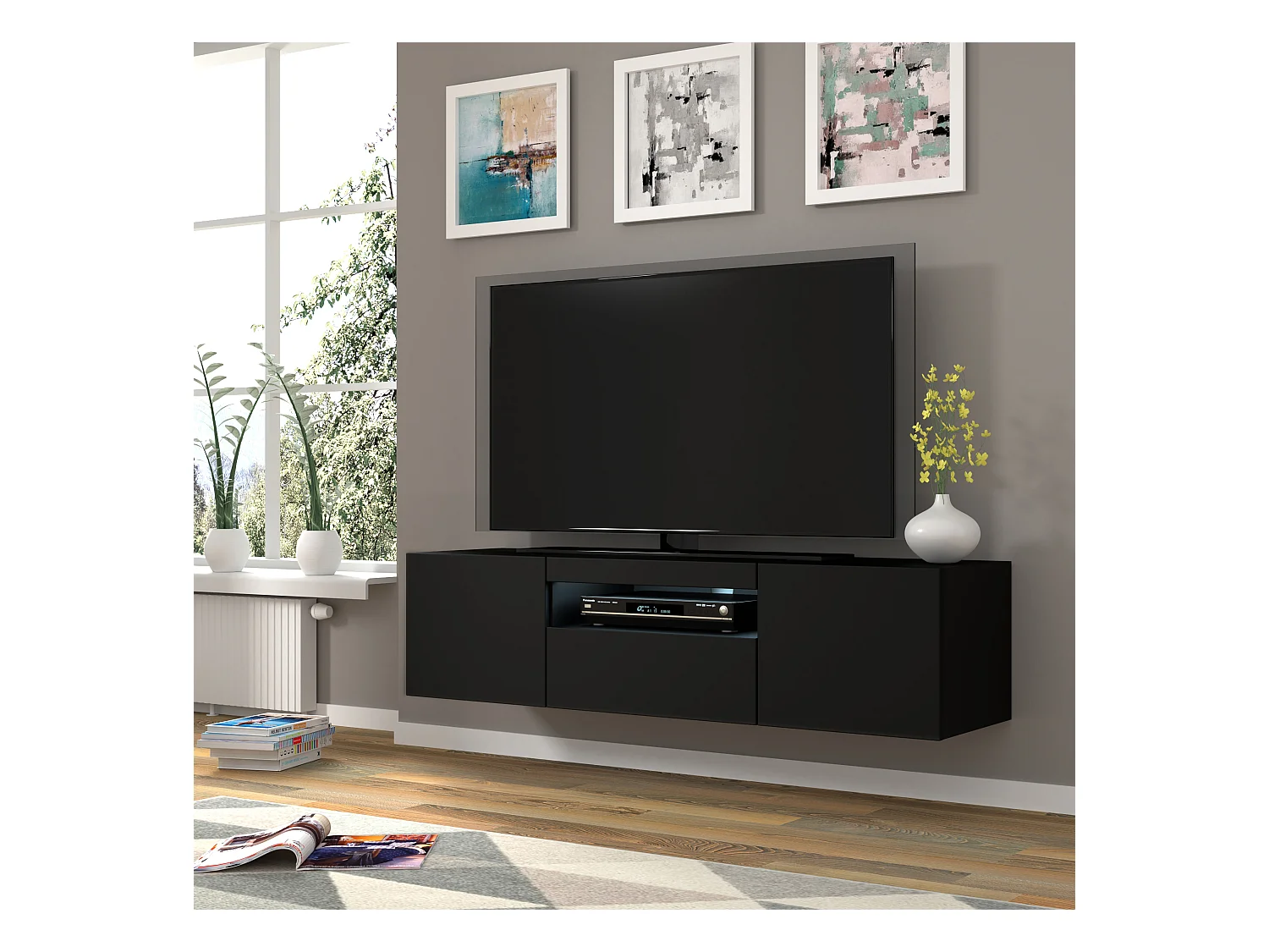 Meuble TV AURA 150 cm suspendu ou debout noir mat