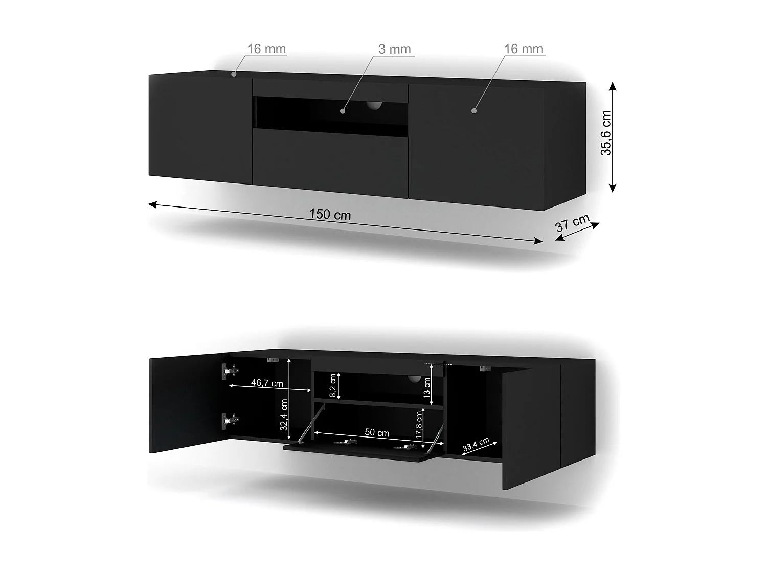TV-meubel AURA 150 cm hangend of staand mat zwart