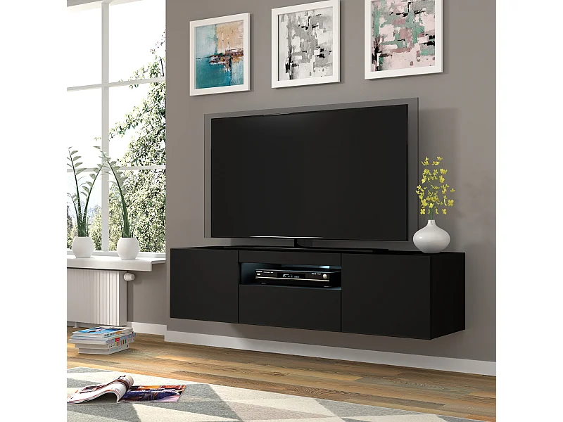 Mueble de TV AURA 150 cm suspendido o de pie negro mate