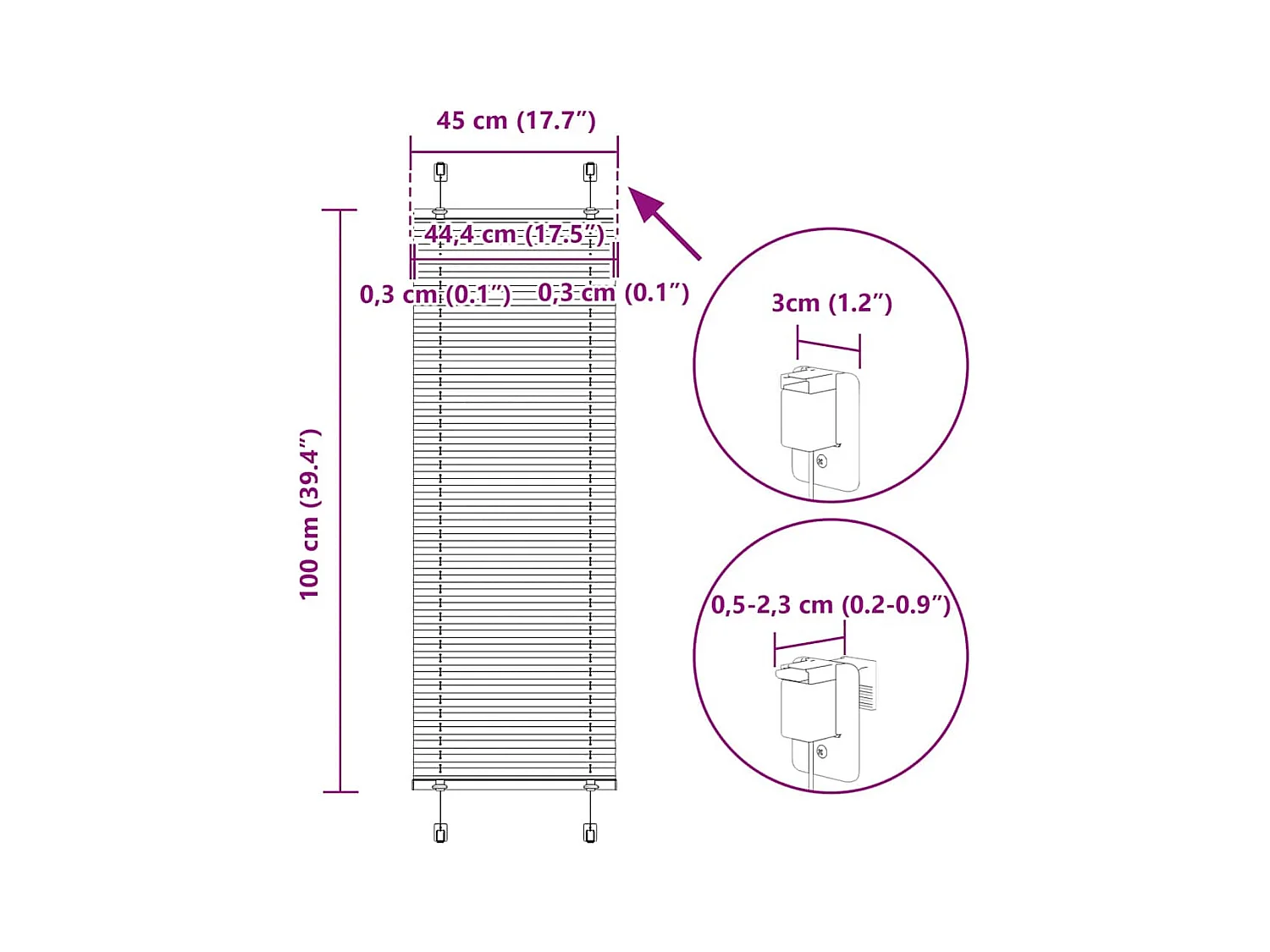 Store plissé vert pétrole 45x100 cm largeur du tissu 44,4 cm