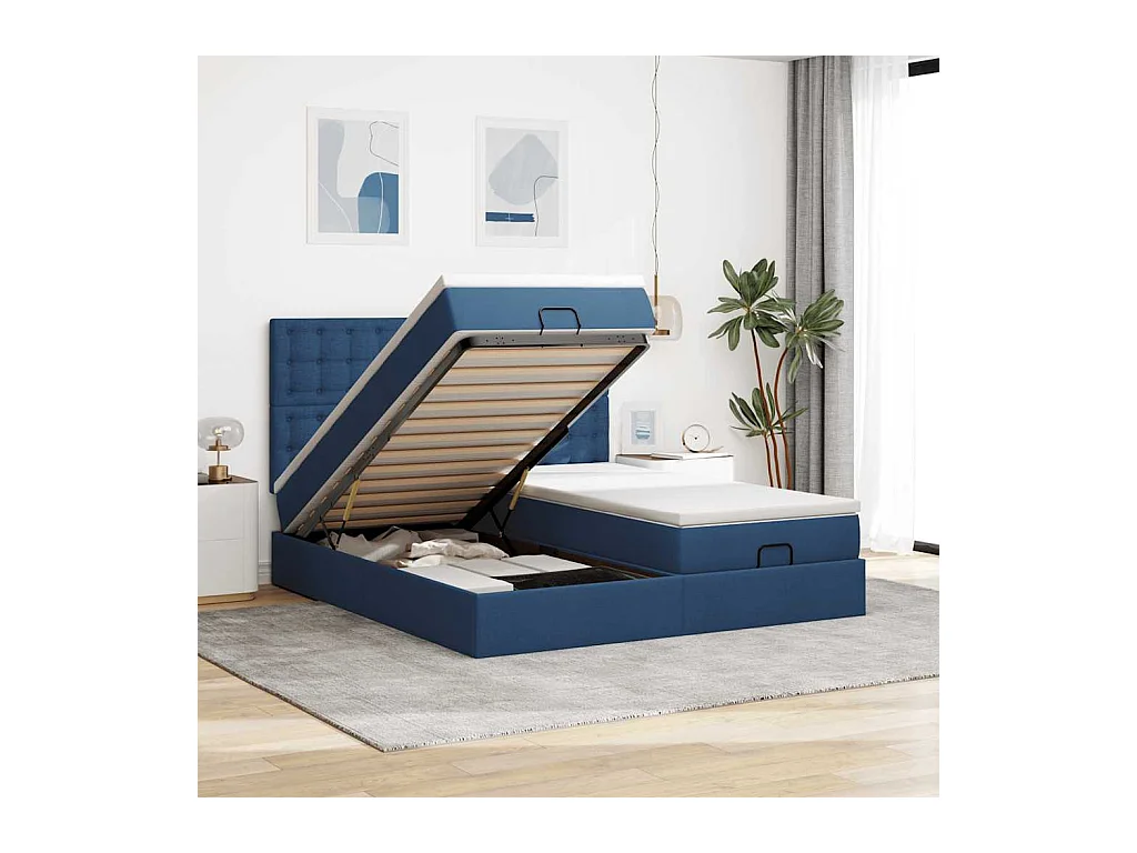 Cadre de lit ottoman avec matelas bleu 160x200 cm tissu