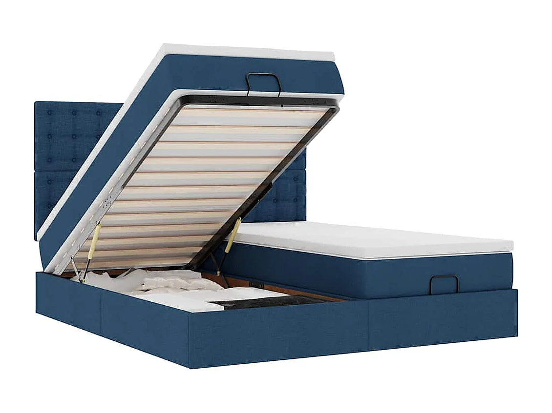 Cadre de lit ottoman avec matelas bleu 160x200 cm tissu