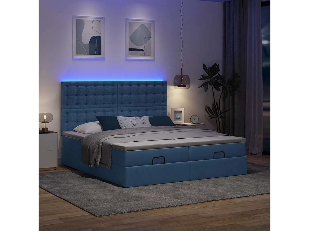 Cadre de lit ottoman avec matelas bleu 160x200 cm tissu