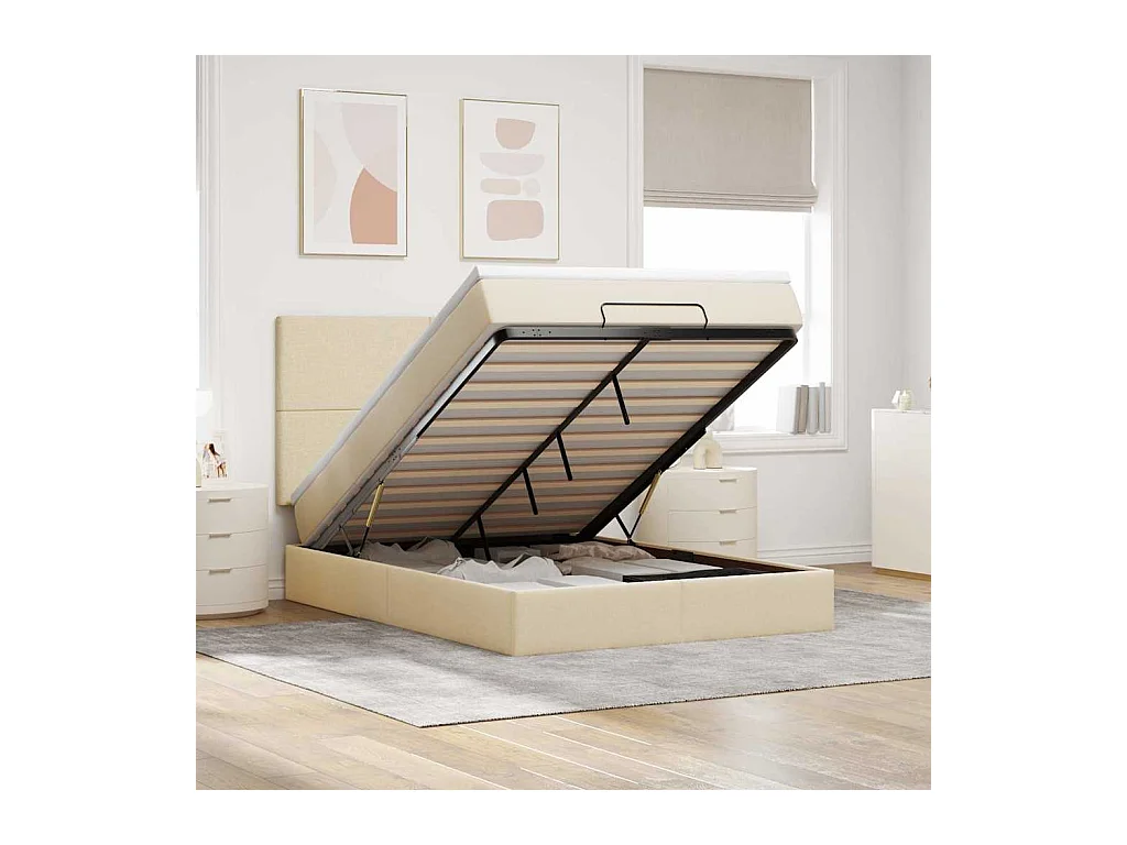 Estructura de cama otomana con colchón tela crema 140x190cm