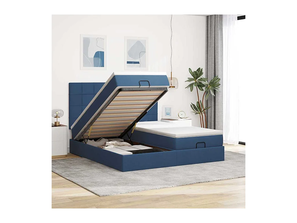 Cadre de lit ottoman avec matelas bleu 160x200 cm tissu