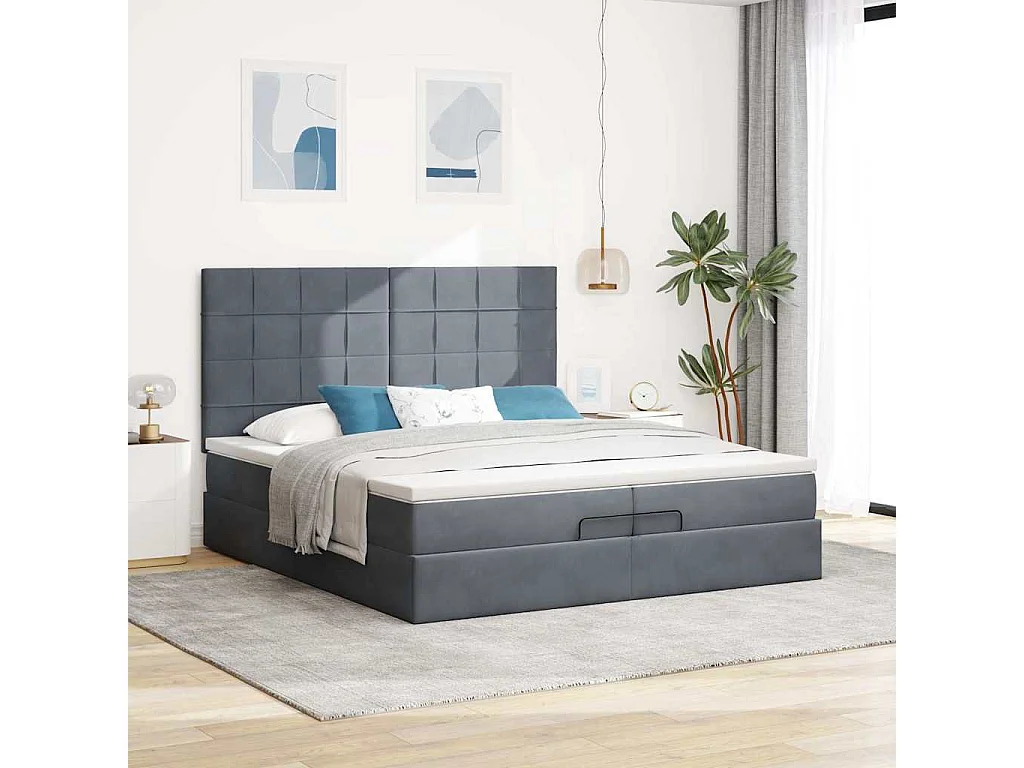 Cadre de lit ottoman avec matelas gris foncé 200x200 cm velours