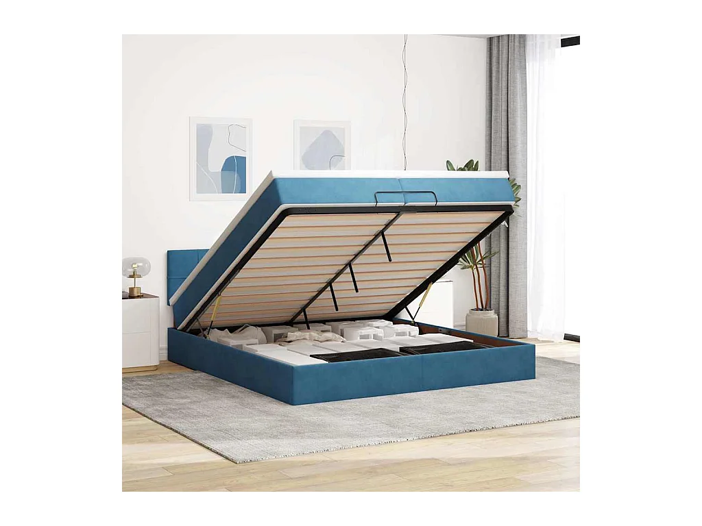 Cadre de lit ottoman avec matelas bleu foncé 200x200 cm velours
