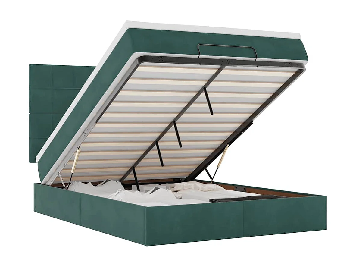 Estructura cama otomana colchones terciopelo verde oscuro