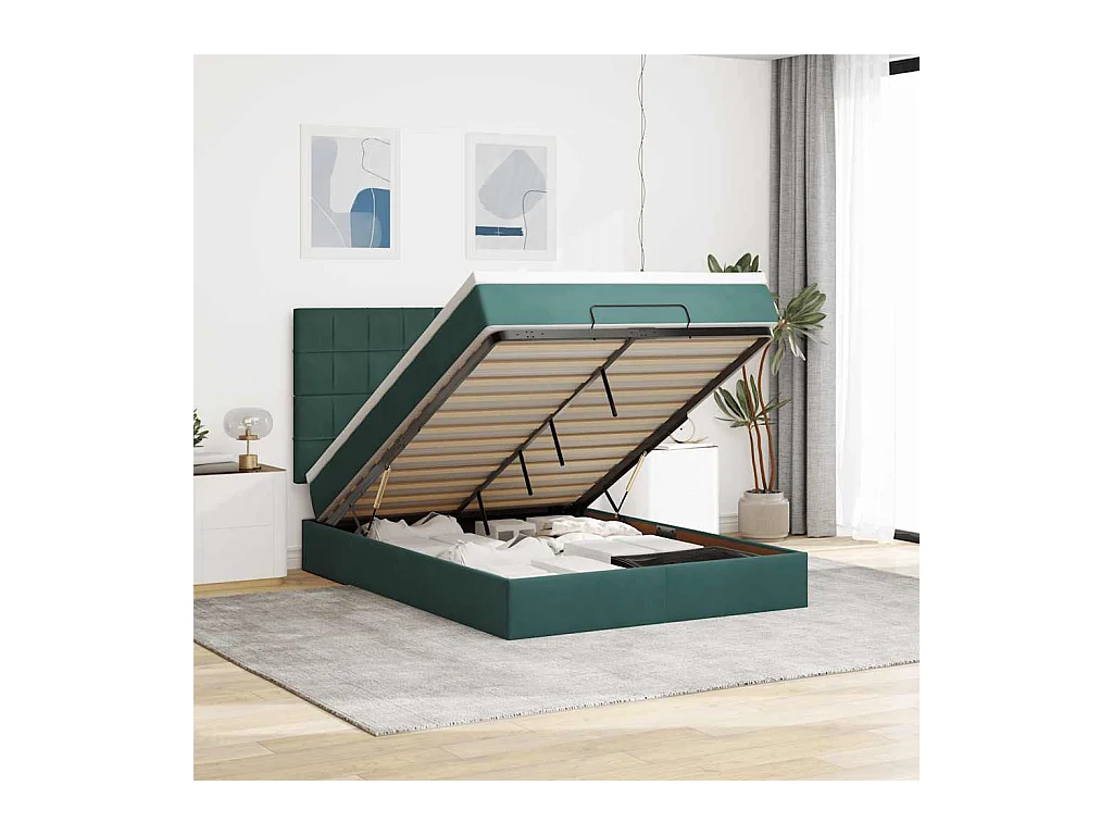 Estructura cama otomana colchones terciopelo verde oscuro