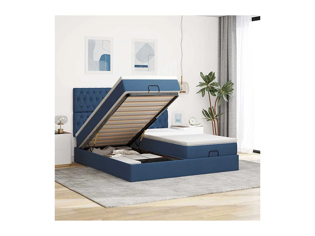 Cadre de lit ottoman avec matelas bleu 160x200 cm tissu