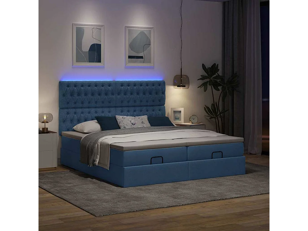 Cadre de lit ottoman avec matelas bleu 160x200 cm tissu