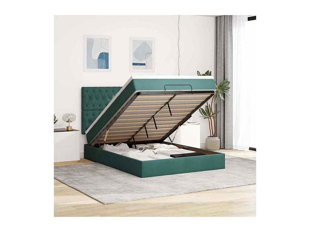 Estructura cama otomana colchones terciopelo verde oscuro