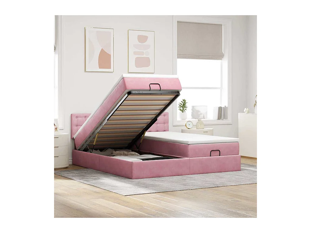Estructura de cama otomana colchones terciopelo rosa 160x200cm