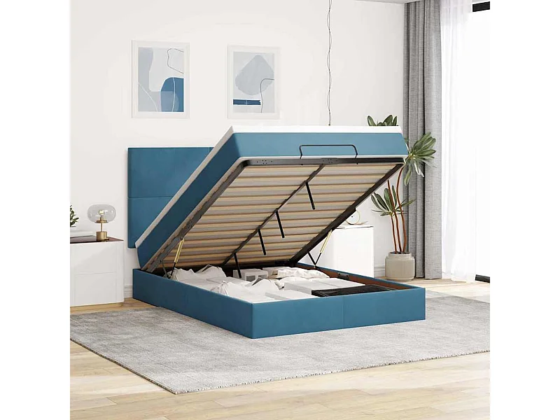 Cadre de lit ottoman avec matelas bleu foncé 140x200 cm velours
