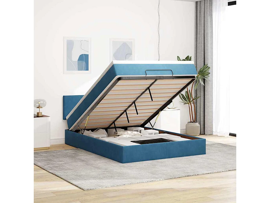 Cadre de lit ottoman avec matelas bleu foncé 140x200 cm velours
