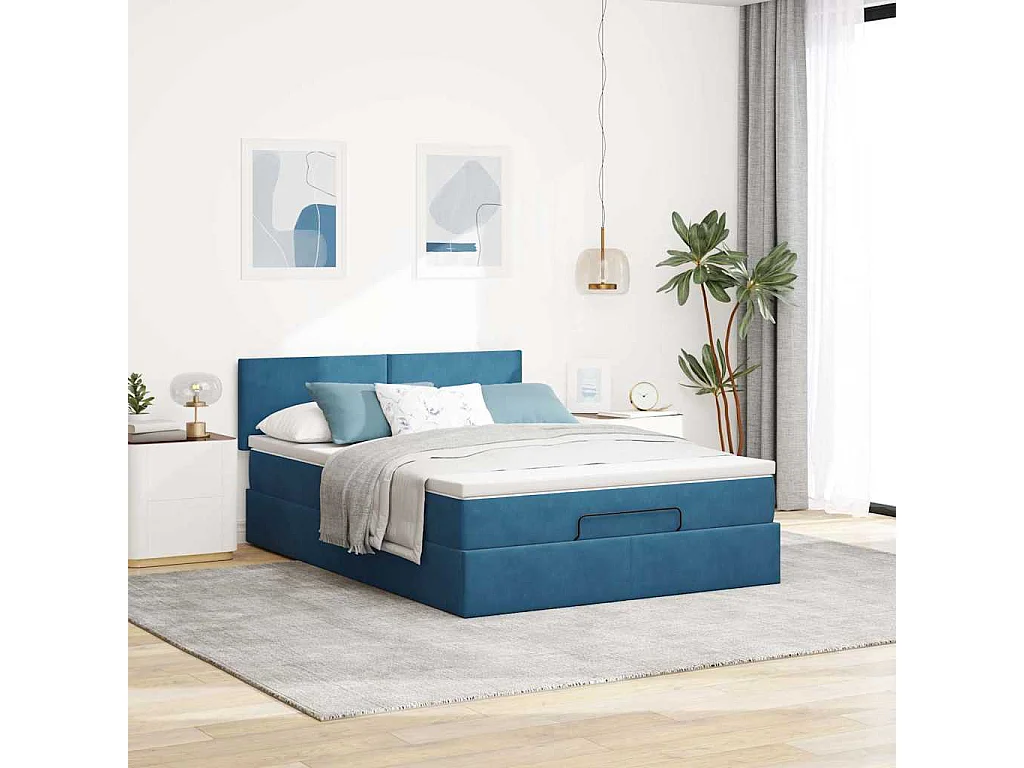 Cadre de lit ottoman avec matelas bleu foncé 140x200 cm velours