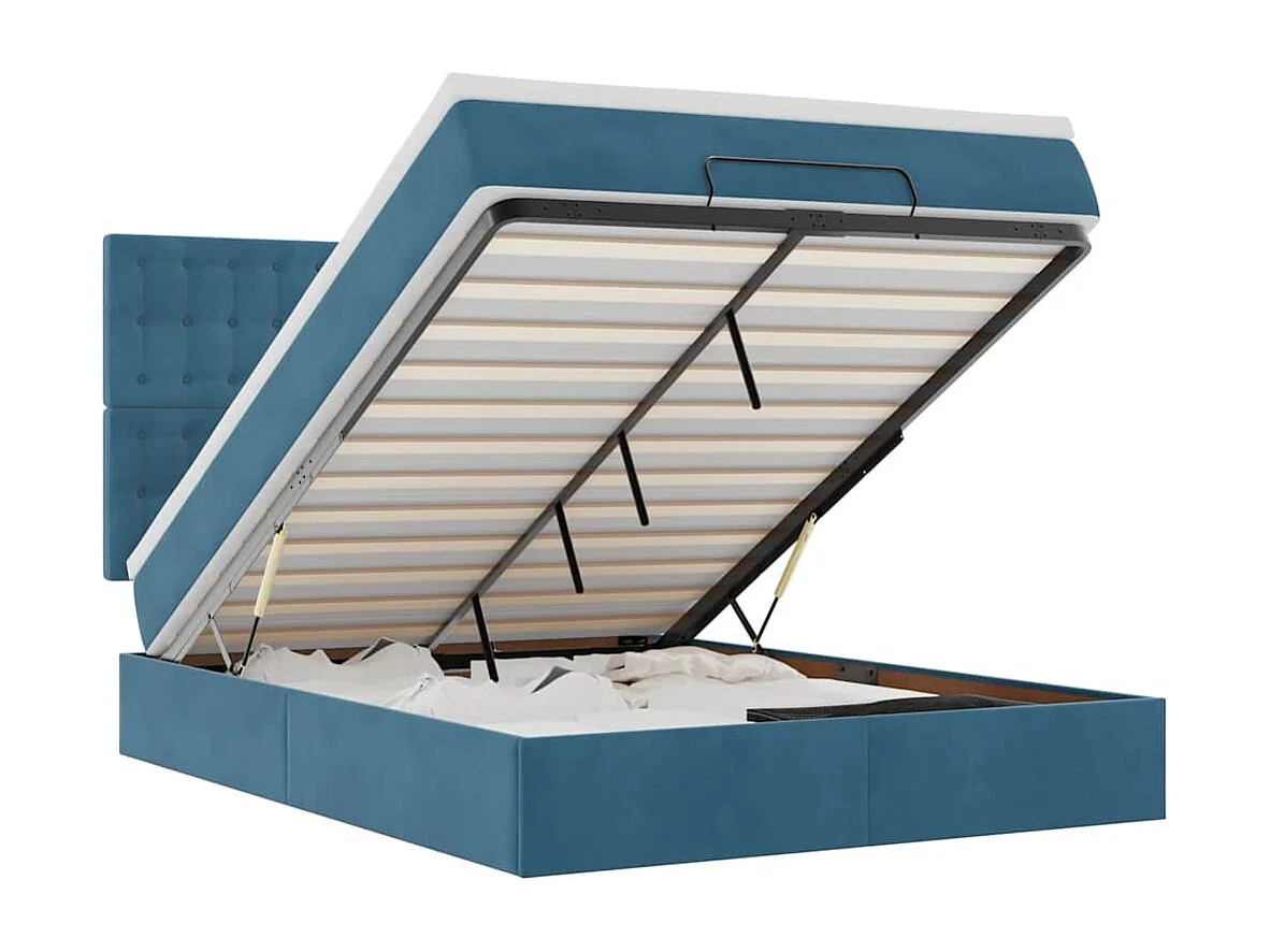 Cadre de lit ottoman avec matelas bleu foncé 140x200 cm velours