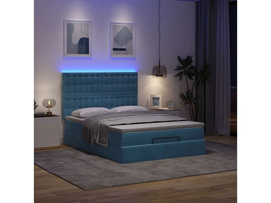 Cadre de lit ottoman avec matelas bleu foncé 140x200 cm velours