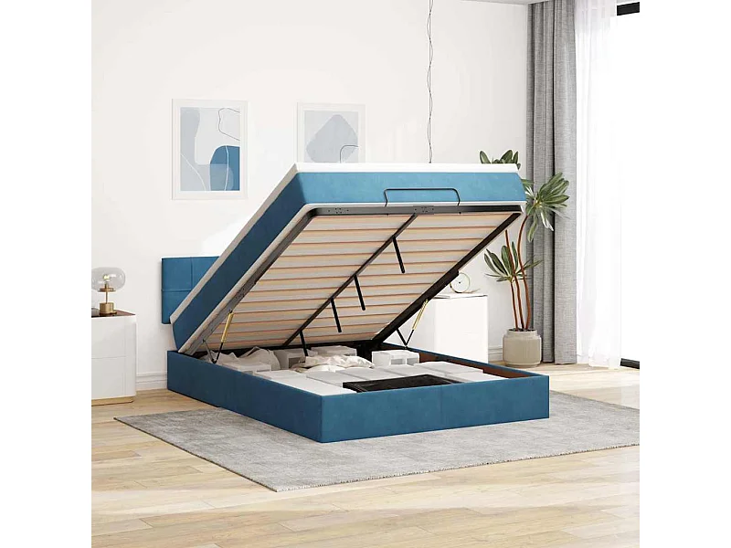 Estrutura de cama otomana com colchão 140x200 cm azul escuro