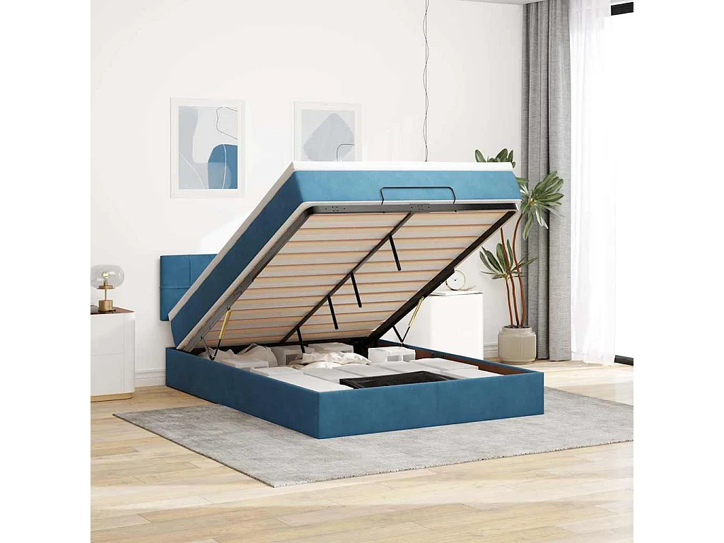Cadre de lit ottoman avec matelas bleu foncé 140x200 cm velours