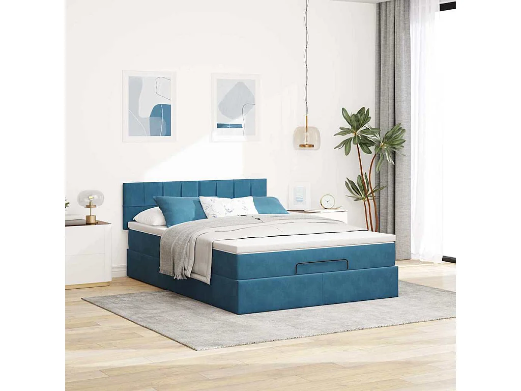 Cadre de lit ottoman avec matelas bleu foncé 140x200 cm velours