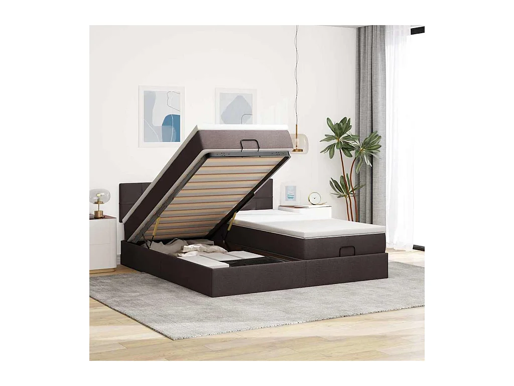 Estructura cama otomana colchones tela marrón oscuro 160x200 cm