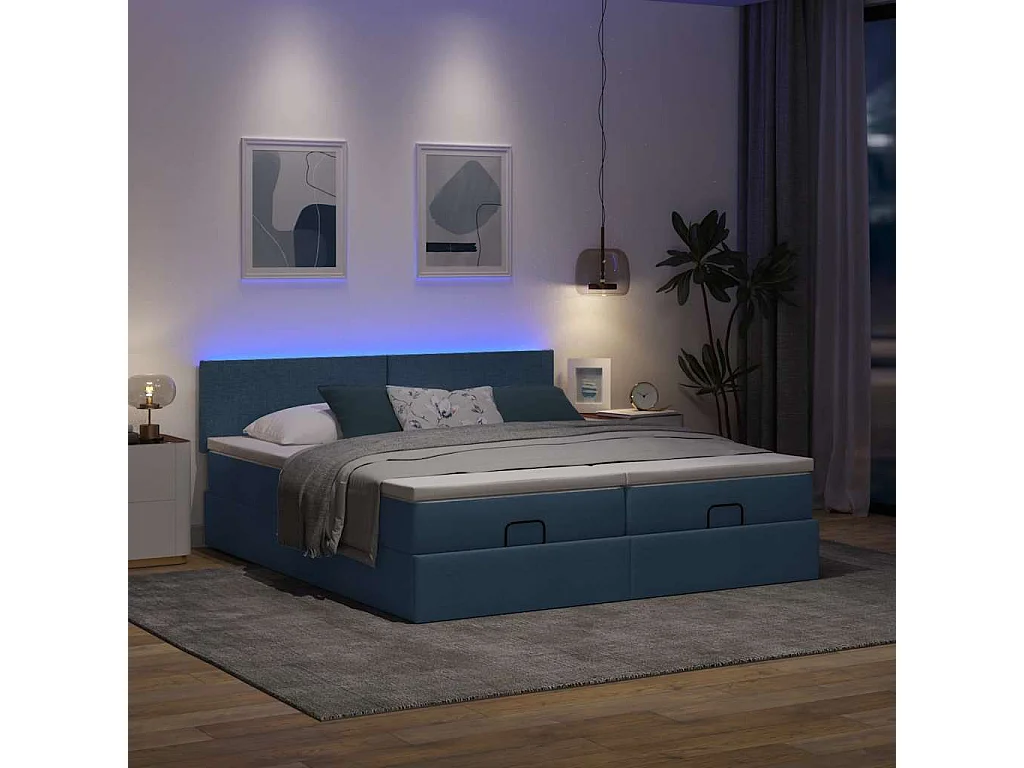 Cadre de lit ottoman avec matelas bleu 160x200 cm tissu