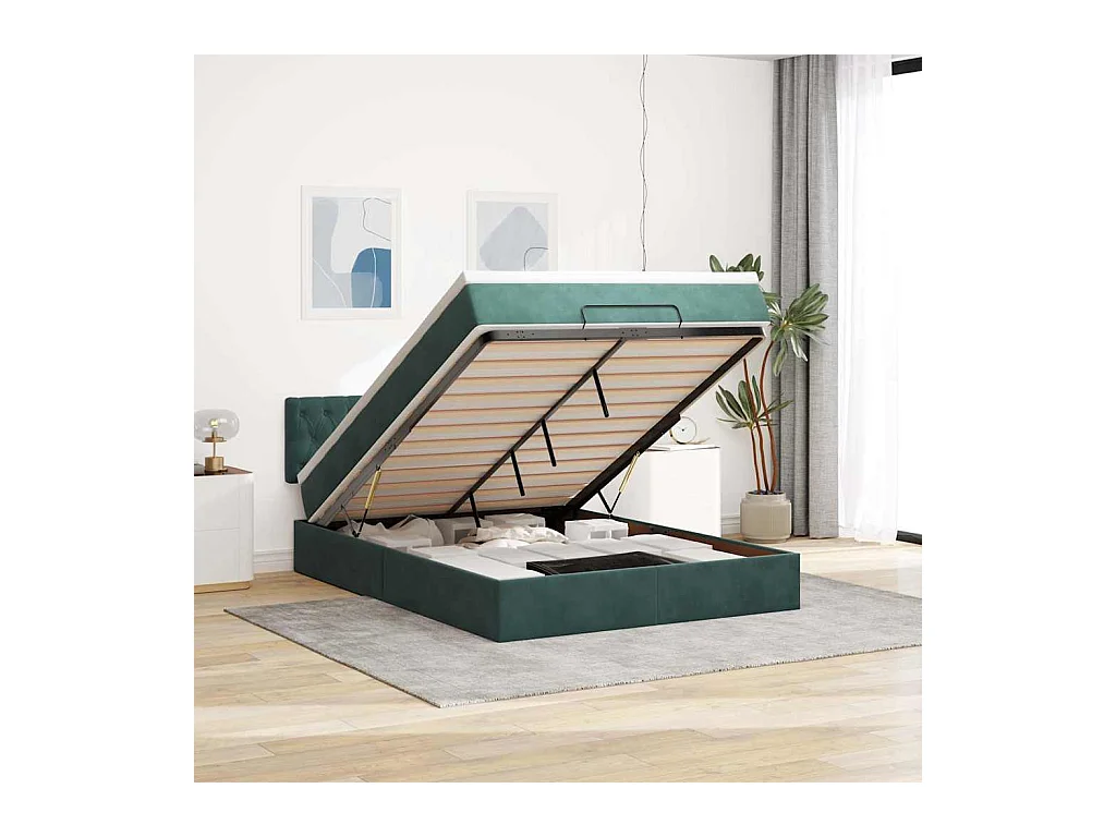 Estrutura de cama otomana com colchão 140x190cm verde escuro