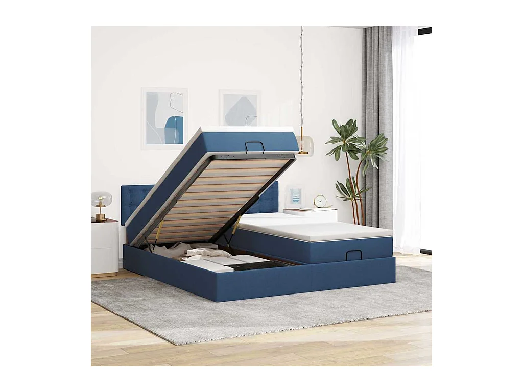 Cadre de lit ottoman avec matelas bleu 160x200 cm tissu